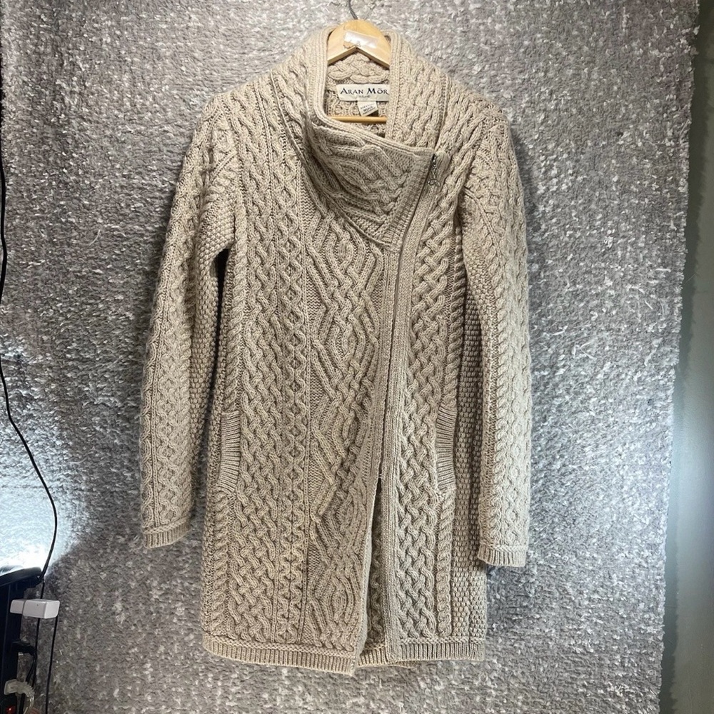 Aran Mor Ireland Womens S Merino Wool Full Zip Cardigan Coat Beige Fisherman
